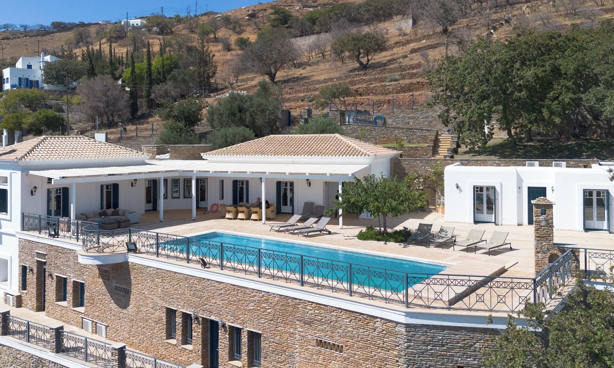 Paleopolis Villa | Andros Cyclades, private tennis & basketball courts,horses for riding