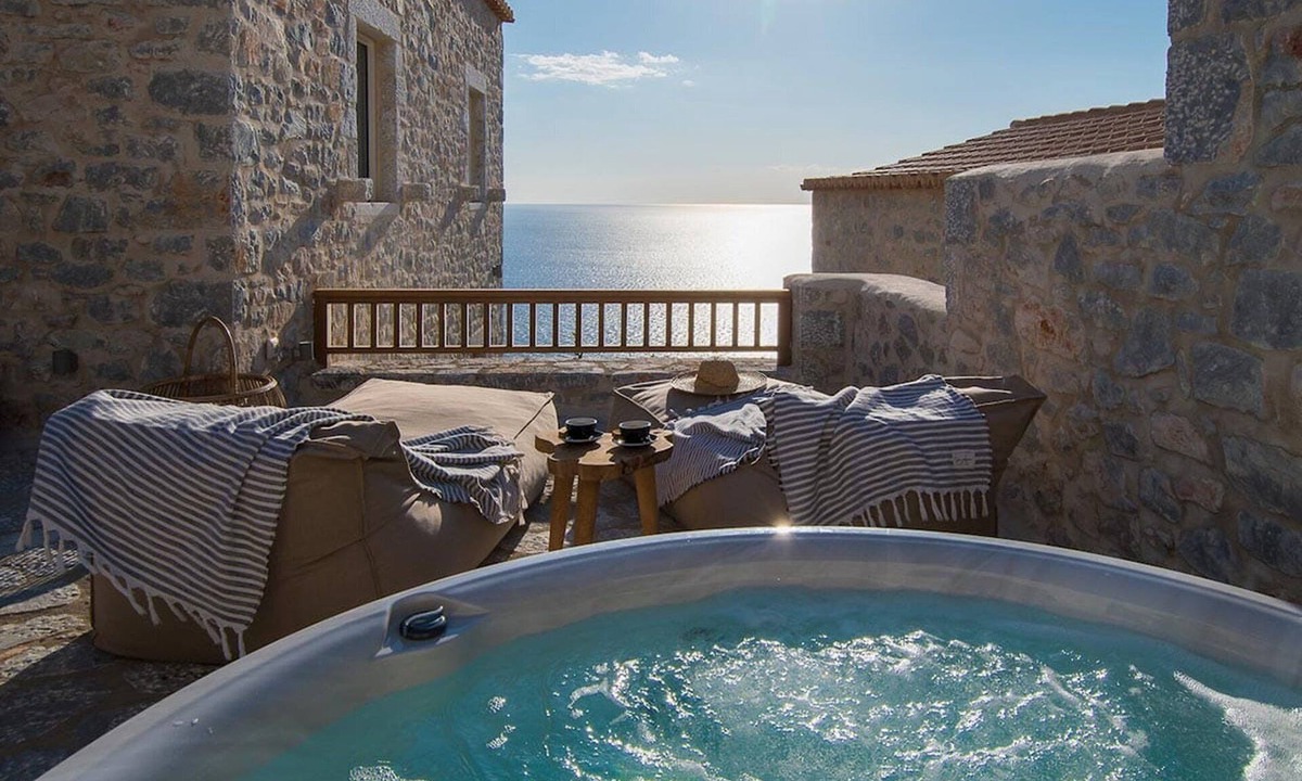 Areopoli Villa | Villa Aetheron, Divine Sea Views, Private Hot Tub, Furnished Terrace, Shared.