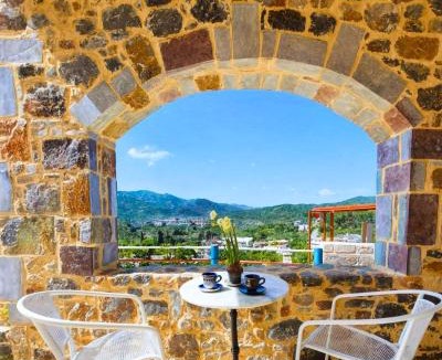 Kato Metochi Apartment | Roza Stone Studio with Private Veranda & Mountain view